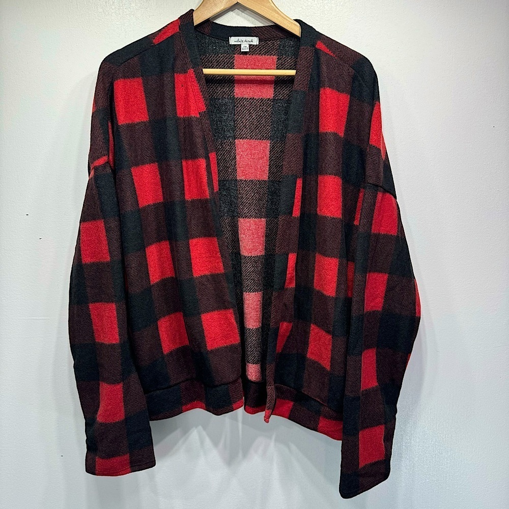 White Birch Red & Black Buffalo Plaid Fleece Open Front Cardigan Size 2X NEW